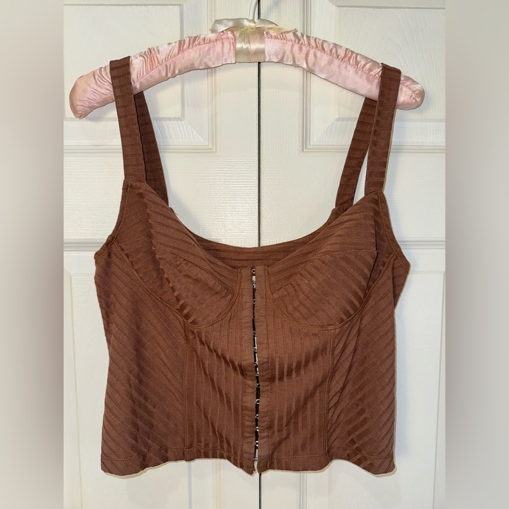 Free People Intimately Brown Ribbed Hook Front Corset Tank Top Size L NWT